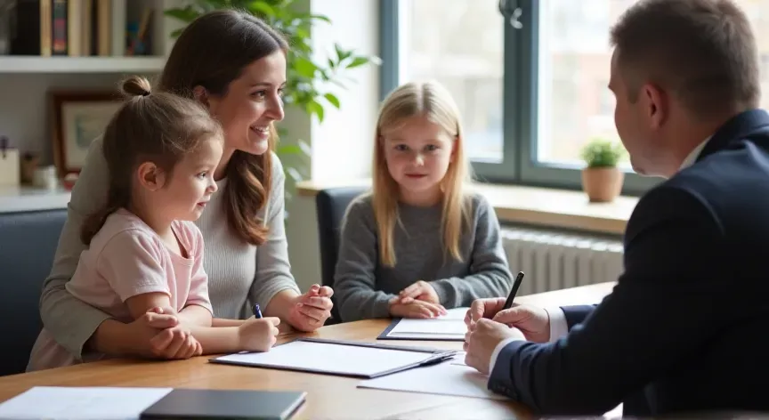 A woman with 2 children sitting with her attorney at a law office working on an estate plan about guardianship.