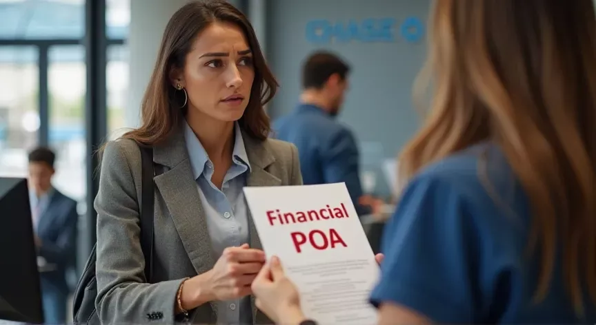 A worried woman is standing at a chase bank teller and holding a sheet of paper a, on the document is labeled 'Financial POA' in bold red ink.