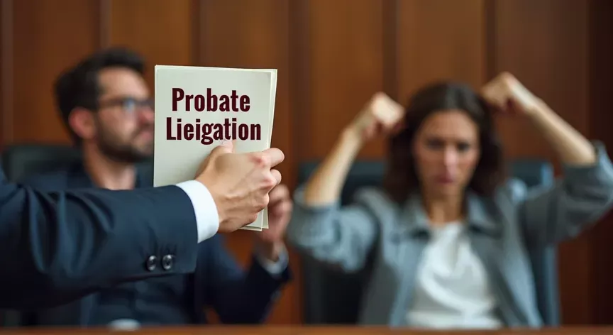 Adult siblings are angry in protest sitting in a court room, the attorney is holding up a pamphlet that reads 'probate litigation' in dark red bold print