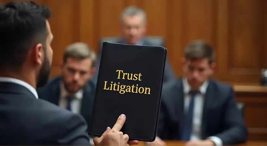 Adults are upset sitting in a court room with the judge sitting at the front, the attorney is holding up a binder that reads 'trust litigation' in gold foil embossed print.