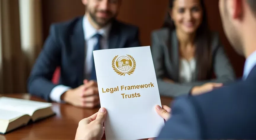An couple are sitting with an attorney with law books sitting on the desk, they are holding up paper pamphlet labeled 'Legal Framework - Trusts' printed in gold foil with a fancy logo.