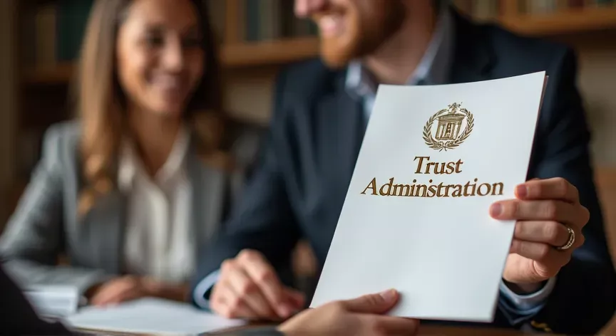 An couple are sitting with an attorney with law books sitting on the desk, they are holding up paper pamphlet labeled 'Trust Administration' printed in black foil with a fancy gold logo embossed.