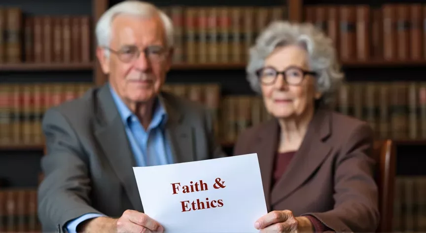 An elderly Couple is sitting at a law firm with Law Books in the background , they are holding a document labeled 'Faith & Ethics', in Bold dark red Ink.