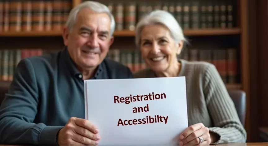 An elderly Couple is sitting at a law firm with Law Books in the background , they are holding a document labeled 'Registration and Accessibility', in Bold dark red Ink.