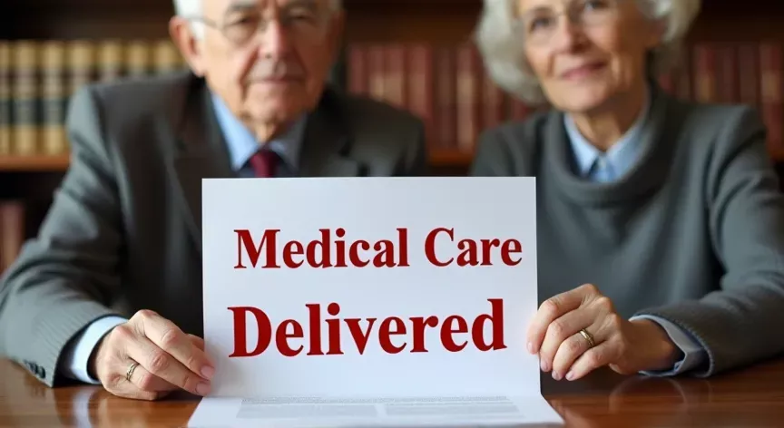 An elderly Couple is sitting at a law firm with Law Books in the background , they are holding a document labeled 'Medical Care Delivered', in Bold red Ink.