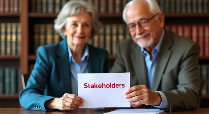 An elderly Couple is sitting at a law firm with Law Books in the background , they are holding a document labeled 'Stakeholders', in Bold red Ink.