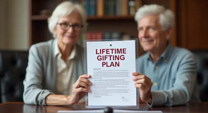 An elderly couple is sitting at a law office, they are holding up a document labeled 'Lifetime Gifting Plan' printed in large bold dark red ink.