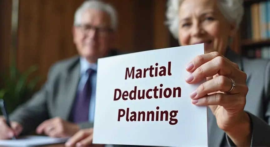 An elderly couple is sitting at a law office, they are holding up a document labeled 'Marital Deduction Planning' printed in large dark red print.