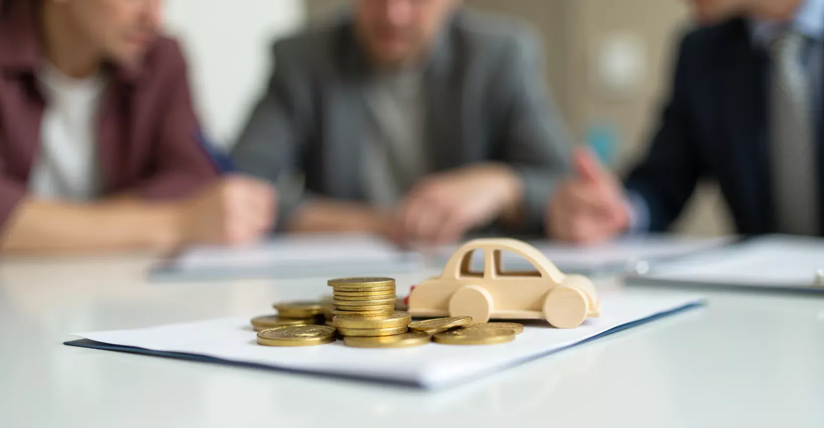 An elderly couple meeting with a lawyer to finalize estate planning documents for Assets with a wooden car and gold coins are sitting on the desk.