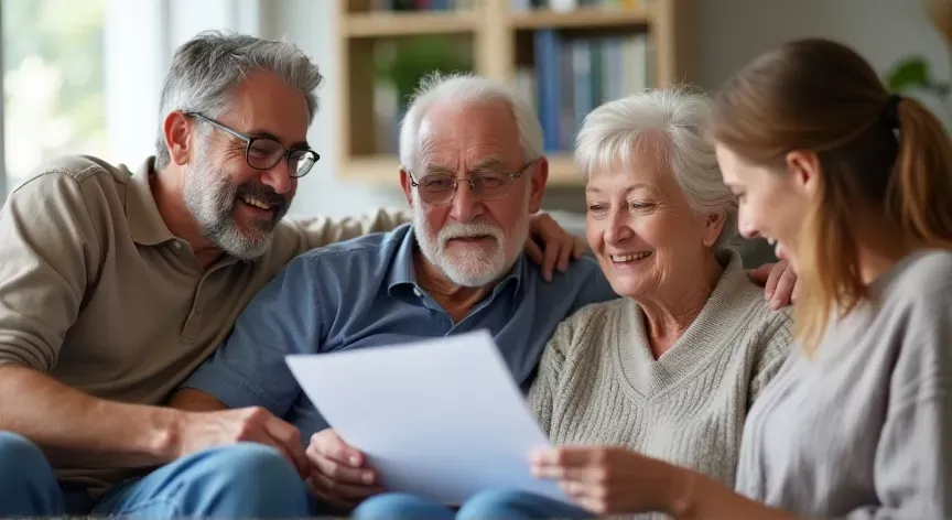 An elderly couple sitting on a couch with their adult children looking at legal paperwork.