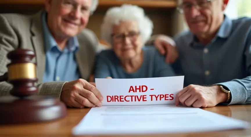 An elderly family is sitting in a law office with a document labeled 'AHD - Directive Types', in Red Bold Ink.