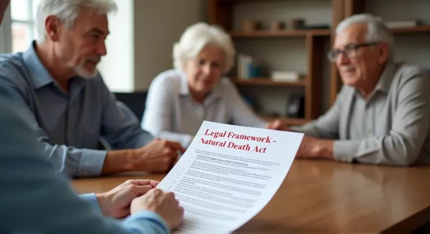 An elderly family is sitting in a law office with a document labeled 'Legal Framework - Natural Death Act', in Red Bold Ink.
