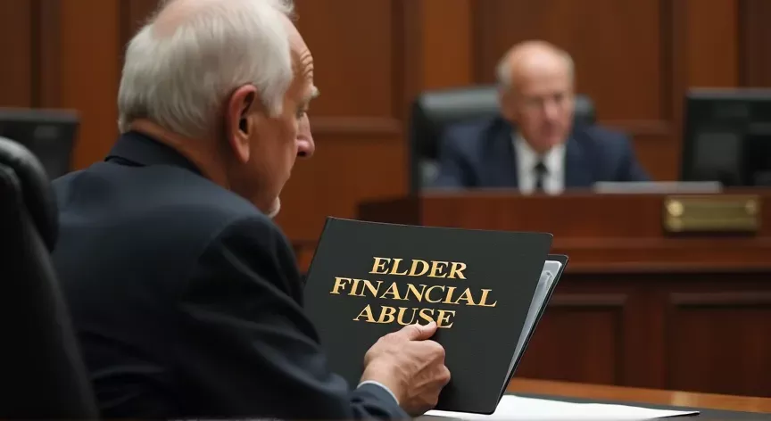 An elderly man is sad sitting in a court room with the judge sitting at the front, the attorney is holding up a binder that reads 'elder financial abuse' in gold embossed foil print.