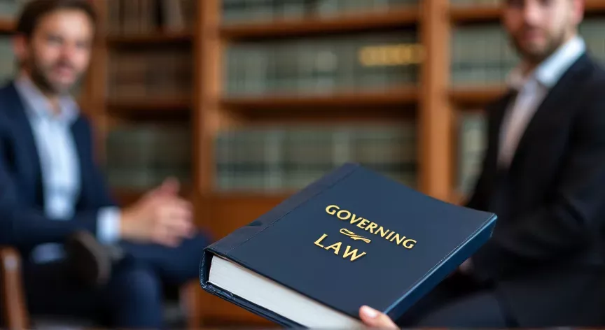Two men sitting with an attorney in a law firm office, next to the law books, the attorney is holding a binder with the words 'governing law' embossed in gold foil.