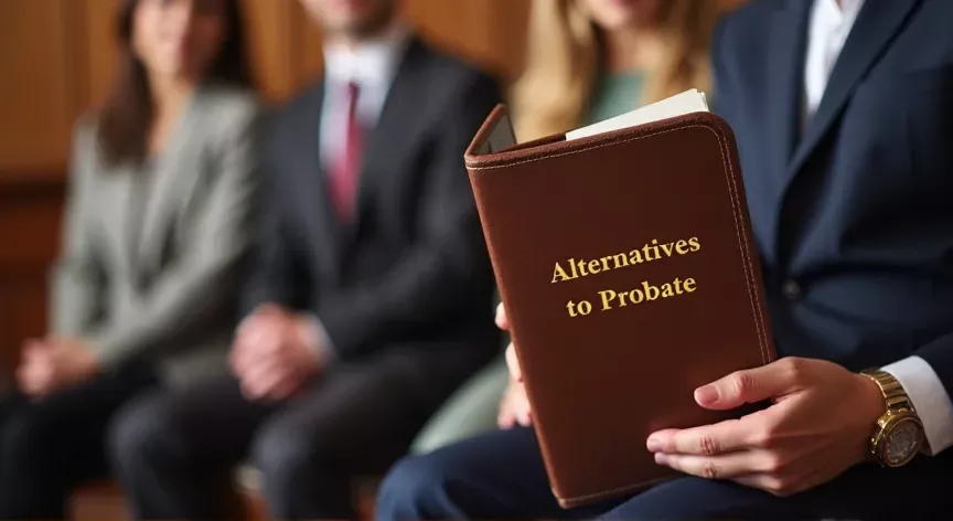 People sitting with an attorney in probate court, the attorney is holding a brown binder with the words 'alternatives to probate' embossed in gold foil.
