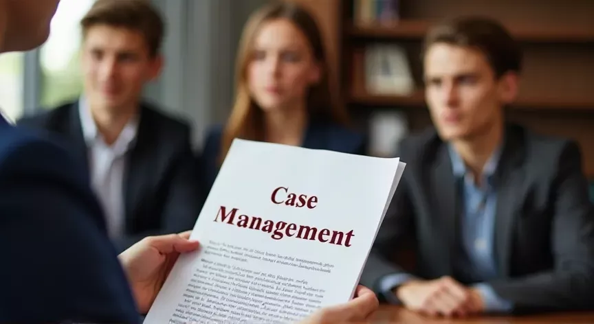 Three siblings are sitting in a law firm, the attorney is holding up a document that reads 'case management' in dark red print