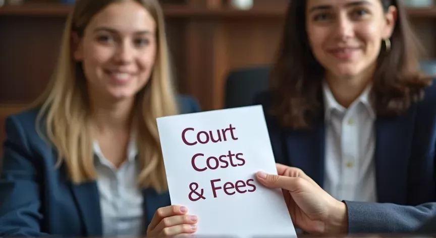 Two adult siblings are sitting in a law firm, the attorney is holding up a pamphlet that reads 'court costs & fees' in dark red print
