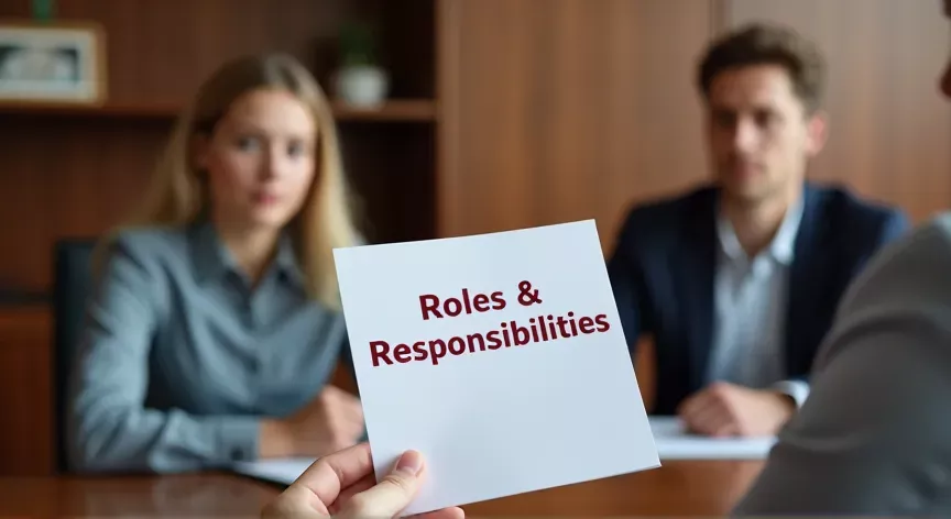 Two adult siblings are sitting in a law firm, the attorney is holding up a pamphlet that reads 'roles & responsibilities' in dark red print