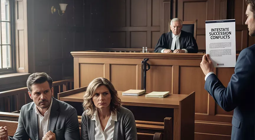 Two adults are angry in protest sitting in a court room with the judge sitting at the front, the attorney is holding up a pamphlet that reads 'intestate succession conflicts' in bold print