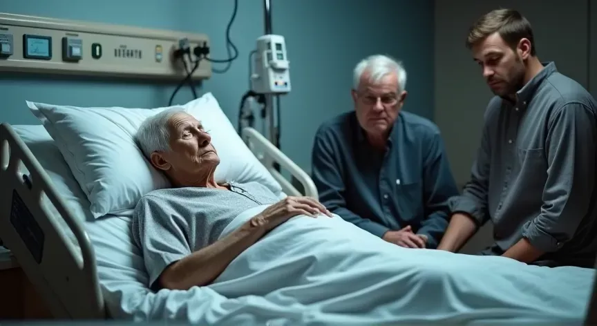 Unconscious elderly lady in a hospital bed with on a respirator, sad elderly man sitting next to her with two younger men standing on the other side of the bed.