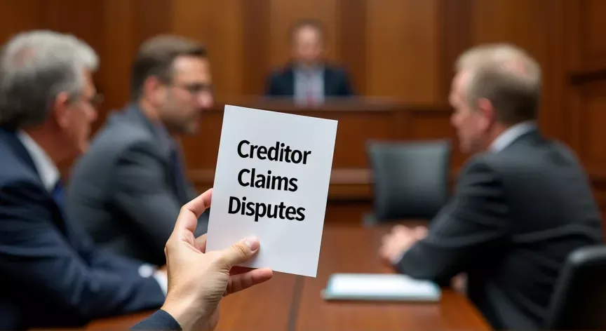 Adults are upset sitting in a court room with the judge sitting at the front, the attorney is holding up a pamphlet that reads 'creditor claims disputes' in print.